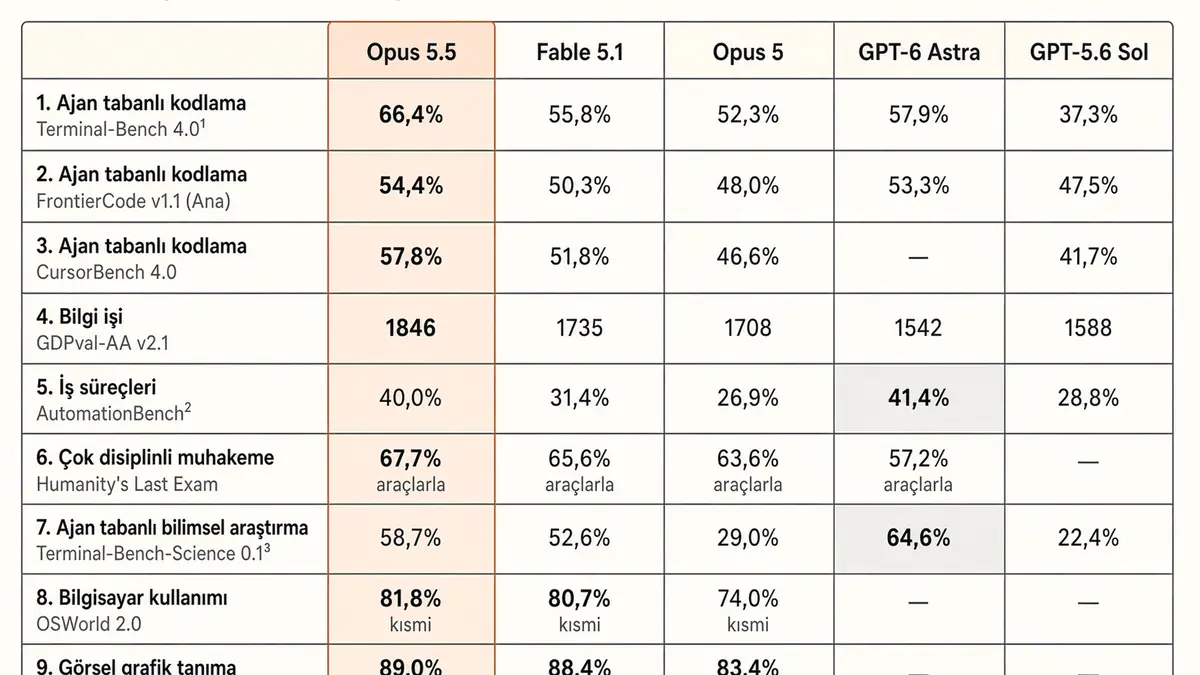Opus 5.5, Fable 5.1, Opus 5, GPT Astra 6 ve GPT-5.6 Sol karşılaştırması