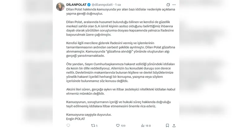 Engin Polat, eşi Dilan Polat'ın gözaltına alınmasıyla ilgili açıklama yaptı