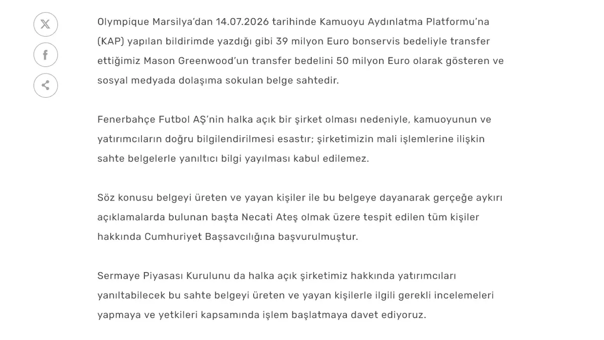 Fenerbahçe'den Green Masonwood Açıklaması